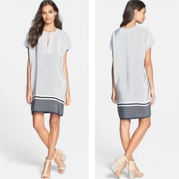 NEW Vince Silk Pockets Geo Trapunto Cap Sleeve Shift Tunic Dress Size Medium - Picture 1 of 10
